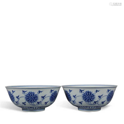 A pair of lotus bowl with blue and white flowers tangled bra...