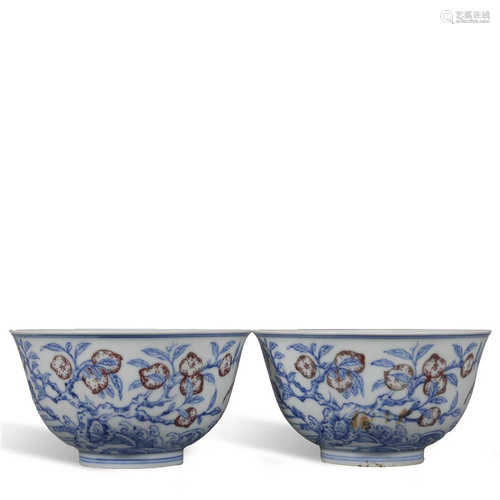 A pair of blue and white underglaze red bowls in Jiaqing of ...