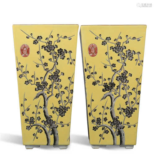 A pair of yellow ink colored bamboo flowerpots of 