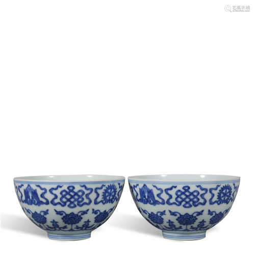 A pair of blue and white bowls with eight treasures in Qianl...