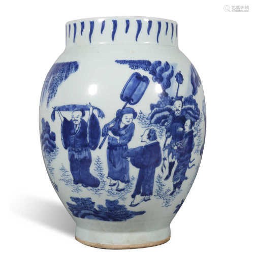 The blue and white character story bottle of Chongzhen in Mi...