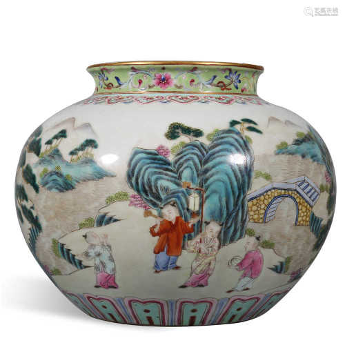 Qing Dynasty Qianlong powder color baby play pattern jar