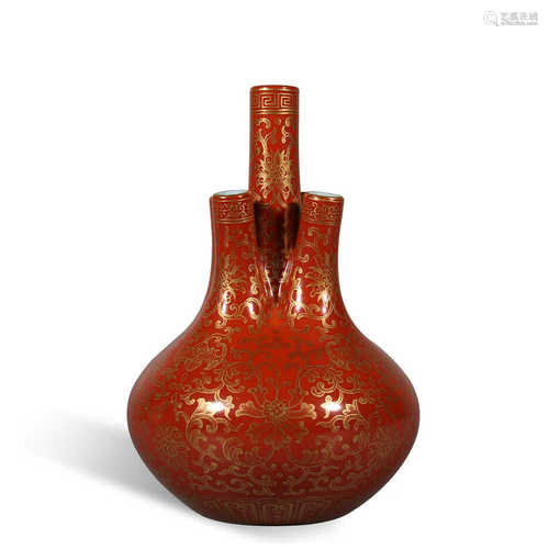 Qing Dynasty Qianlong red bottom gold color five tube bottle