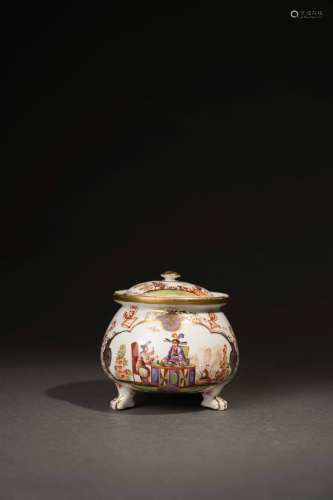 18世紀 德國麥森彩繪描金東方人物獸足奶油罐