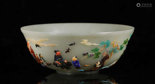 Qing Dynasty - Colored and Patterned Hetian Jade Bowl