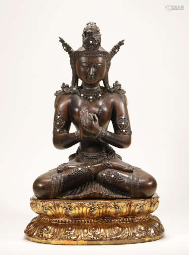 Qing Dynasty - Agarwood with Gem Inlay Buddha Statue