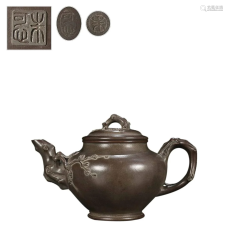 TEAPOT CARVED WITH PLUM BLOSSOM AND 'ZHU KE XIN'