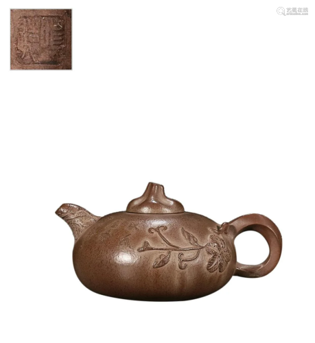 ZISHA TEAPOT CARVED WITH FLORAL AND 'CHEN MING YUAN'