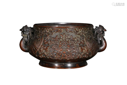 COPPER ALLOY CENSER CAST WITH PEONY AND PHOENIX HANDLES