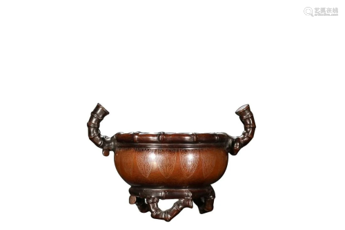 SILVER INSET COPPER ALLOY CENSER CAST WITH FLORAL AND