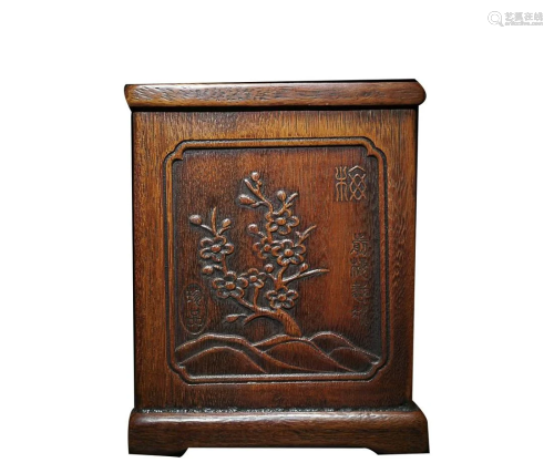 ROSEWOOD BRUSH POT CARVED WITH WINTER PLANTS