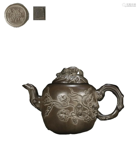 ZISHA TEAPOT CARVED WITH SQUIRREL AND 'JIN DING SHANG