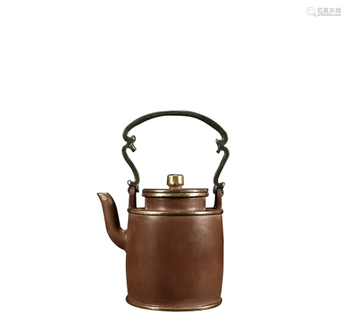 COPPER MOUNTED TEAPOT WITH LOOP HANDLE AND 'GONG JU'