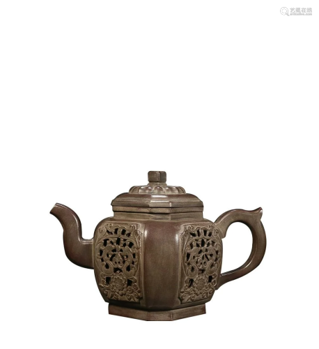 OPENWORK SQUARE TEAPOT WITH 'JIN SHI HENG' INSCRIBED