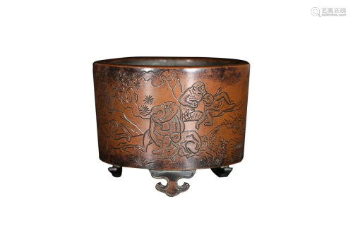 COPPER ALLOY CENSER CAST WITH MONKEY AND PINE TREE