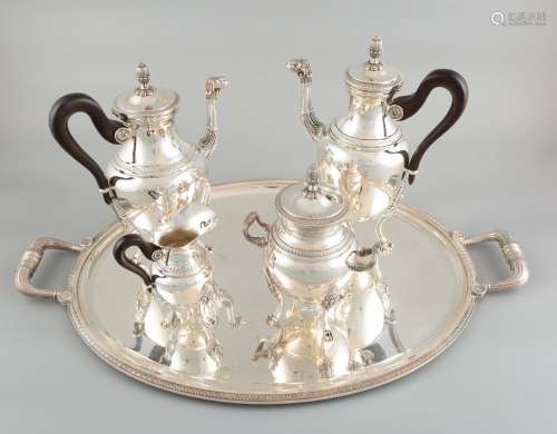 法国CHRISTOFLE。茶具和咖啡具一套5件，镀银金属，手柄为黑色木质，包...