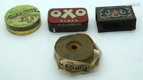 A group of small vintage tins Golf, oxo and a reel of