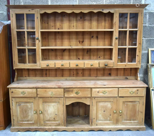 A large 5 drawer pine welsh dresser with glazed panels