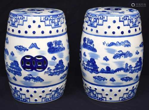 A pair of Chinese blue and white porcelain garden seats