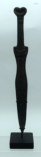 A Chinese bronze sword on a stand . 35cm (2)