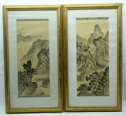 Pair of Chinese framed prints depicting a mountainous