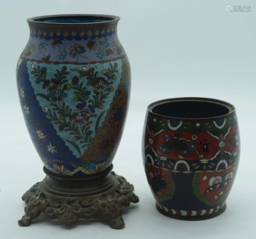 A Chinese Cloisonne vase mounted on a metal base