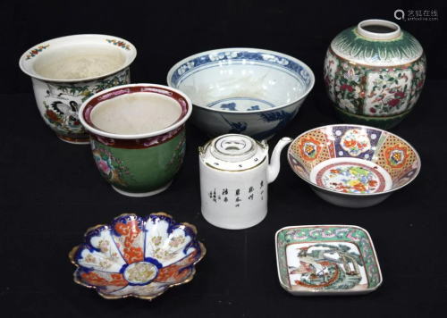 A collection of Chinese ceramic items tea pots, bowls ,