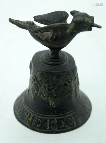 A Bronze European Table bell with a stylised bird