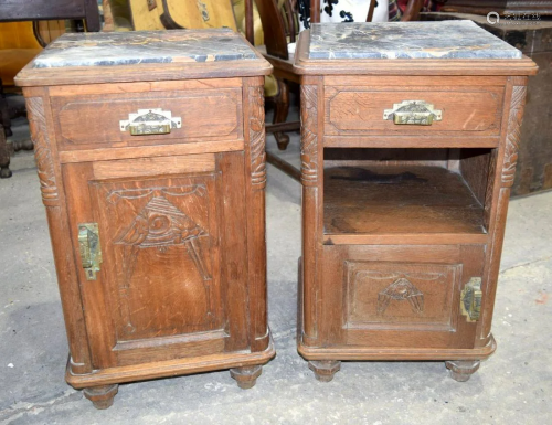 A pair of Edwardian carved panel Oak bedside cabinets
