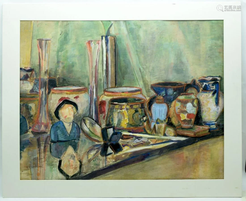 A watercolour of a woman surrounded by pots 46 x 58cm.