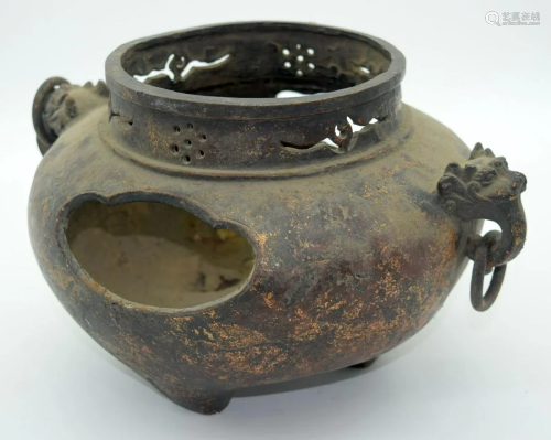 A large Chinese twin beast head handled bronze Censer
