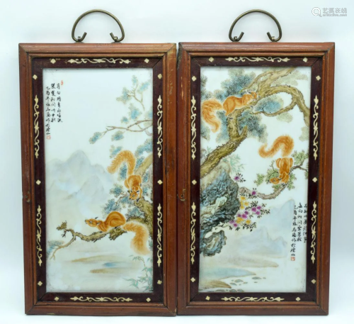 A pair of framed Chinese Porcelain panels decorated