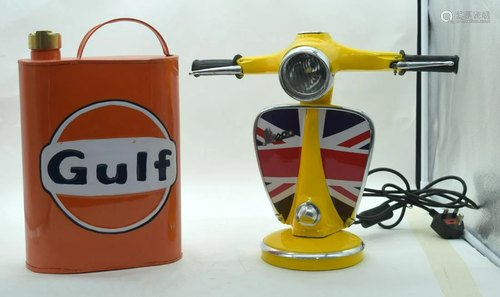 A Vespa novelty bedside lamp and a gulf oil petrol can