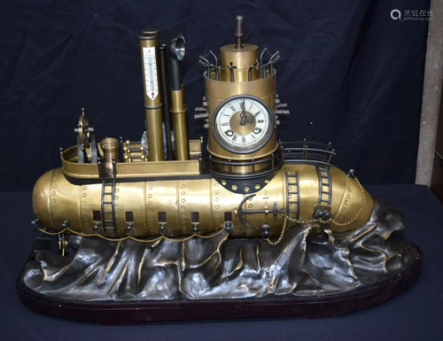 A Contemporary Submarine clock set on a wooden base 55