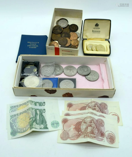 A collection of Coins and notes including Pre Decimal,