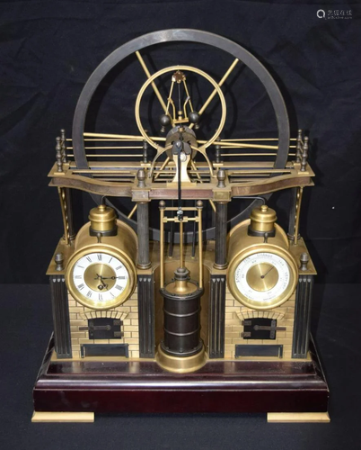 A Contemporary steam engine clock set on a wooden base