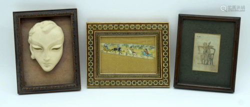 A framed Islamic painting on bone depicting horse