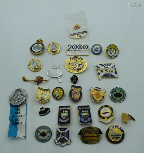 A collection of Curling related enamelled badges,