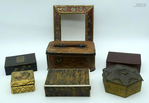 A Collection of metal and wooden boxes and a gilt frame