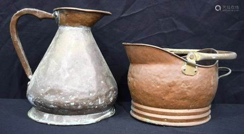 A large vintage copper jug together with a coal skuttle