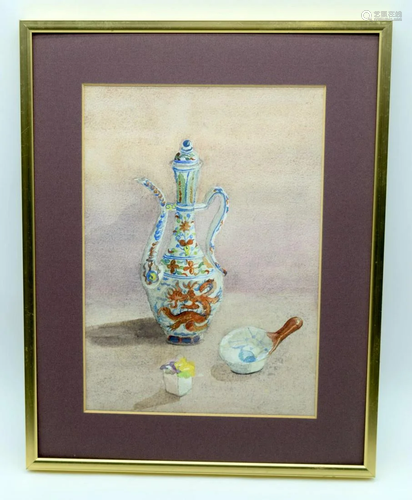 Framed water colour of a coffee pot decorated with