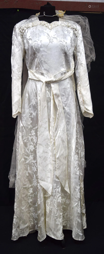 A vintage silk wedding dress and veil (2).