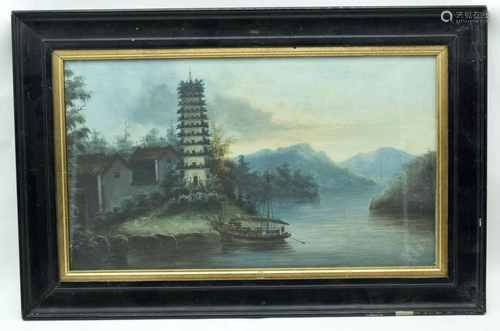 A framed print of a Chinese rural scene featuring a