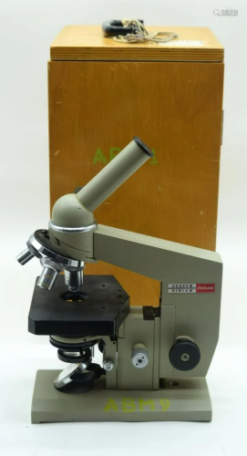 A cased Russian Biolam microscope 37cm .