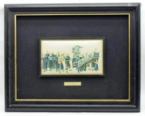 A Framed Chinese print on silk of a procession from a