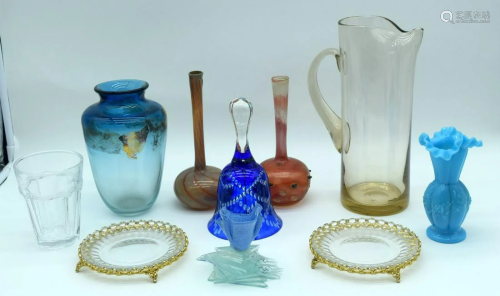 A collection of coloured glass vases, ornaments, dishes