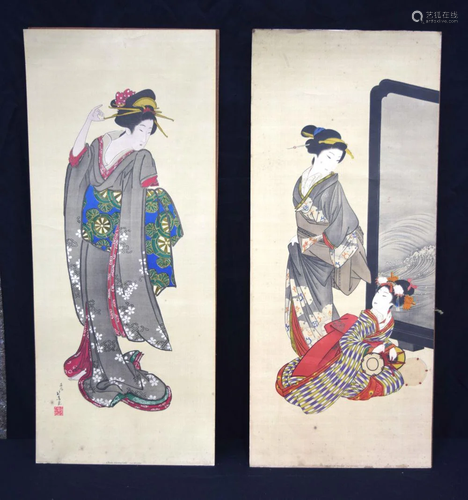 A pair of Japanese prints of Geisha girls 100 mx 43cm