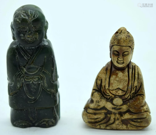 A carved Chinese hardstone buddha together with another