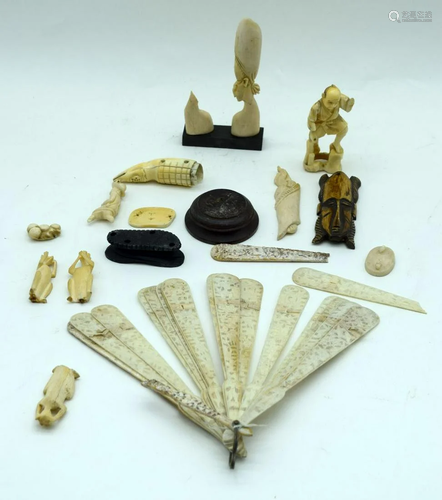 Collection of BONE items , Canton Fan, mask, figures