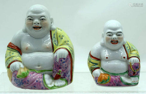 Two Chinese Famille Jaune porcelain Buddhas 13 x 13cm